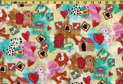 DOGS PUPPY HEARTS 100% Cotton Fabric OOP 2004 Timeless Treas *REMNANT* 17" X 44" - Image 1 of 3