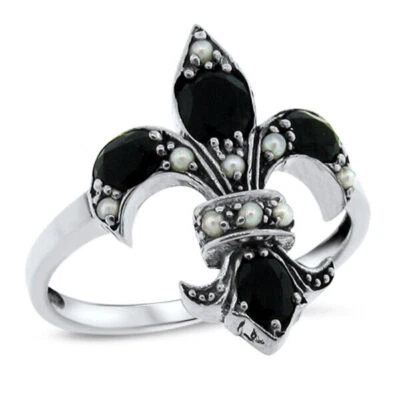 BLACK ONYX  & PEARL FLEUR-DE-LIS VINTAGE STYLE 925 STERLING SILVER RING 593X - Image 1 of 3