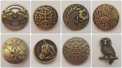 BRONZE METAL BUTTONS – SHANK, CARDIGAN, FLOWER, CELTIC, OWL, ELEPHANT CUTOUT, UK - Image 1 of 4