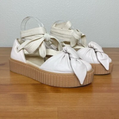 FENTY PUMA Women's 8.5 The Bow Creeper Sandals Cream Leather Lace Up Flatform - Image 1 of 4