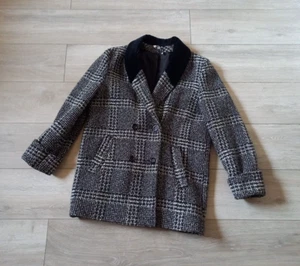 Nuage Black & Grey Woven Wool Blend Jacket Coat Velvet Collar Vintage 80's UK14 - Picture 1 of 21