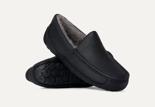 Ciabatta uomo Ugg Ascot taglia 7 nero opaco pelle grigio foderata pelliccia suola gomma