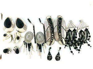 Native American Black Onyx Bead Feather Large MIXED LOT 8 Eight Earrings - Picture 1 of 6