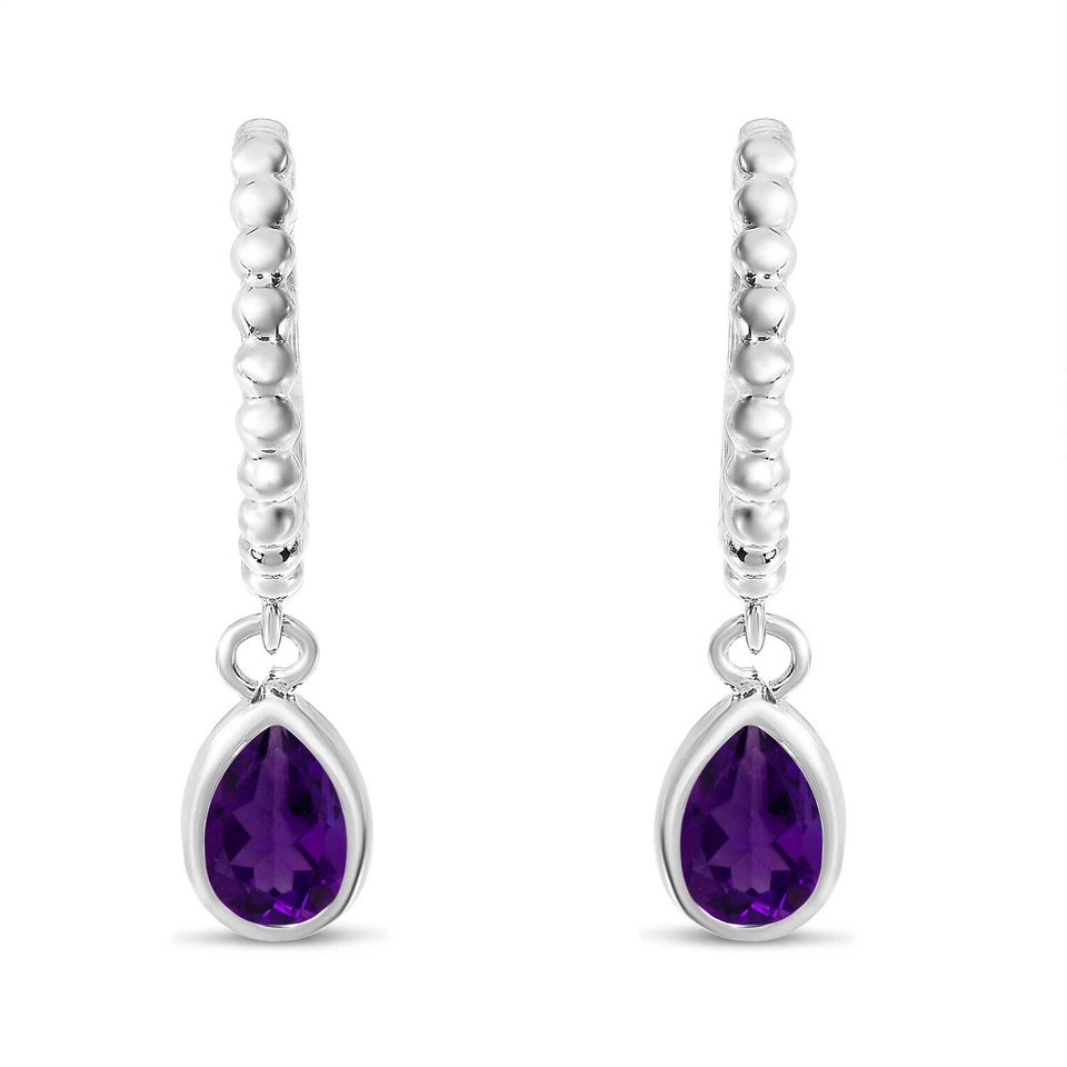 14K White Gold Pear Amethyst Dangle Birthstone Textured Huggie Earrings - Image 1 of 1