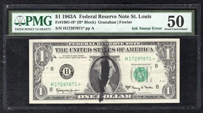 FR. 1901-H* 1963-A $1 *STAR* FRN “INK SMEAR ERROR” PMG ABOUT UNCIRCULATED-50 - Image 1 of 2