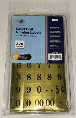 Gold Foil Number Label 1/2" x 5/8" 378 Total Labels Kaizen S-70212 NOS NEW - Image 1 of 2