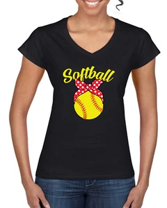 Cute Ribbon Bow Softball Mom Gift Women Standard V-Neck Tee - Picture 1 of 6