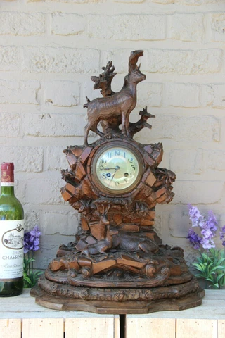Antique Swiss XL black forest wood carved deer animal hunt cabin clock Cover