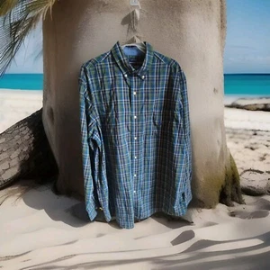 Chaps Men's Easy Care Long Sleeve Button Down Blue-Green Plaid Shirt XLt/Tgl - Picture 1 of 8