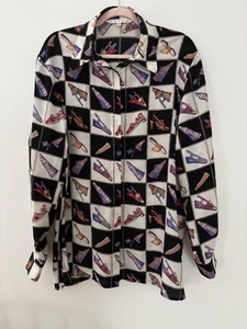 Tango 100% Silk Shoe Checkerboard Print Blouse XL Long Sleeve - Picture 1 of 7