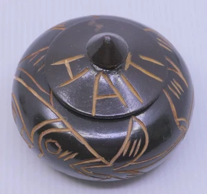 VINTAGE HAITI SOUVENIR HAND CARVED WOOD ROUND TRINKET BOX, LIDDED JAR - Picture 1 of 5