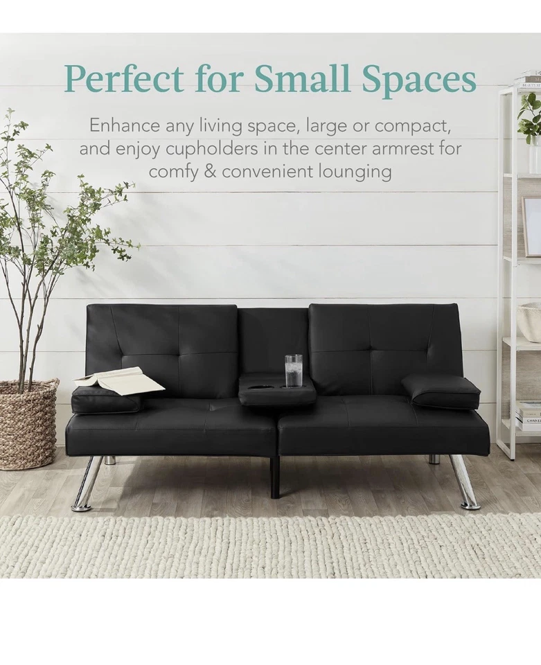 Sofá cama futón de cuero sintético convertible sofá para sala de estar con 2 portavasos Foto 1 de 4