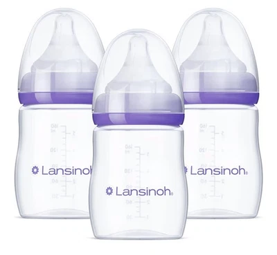 Juego de 3 biberones de leche materna de flujo lento Lansinoh con pezón de onda natural Foto 1 de 3