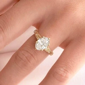 2Ct Vintage Oval Cut Simulated Diamond Engagement in 18k Yellow Gold Plated Ring - Picture 1 of 10