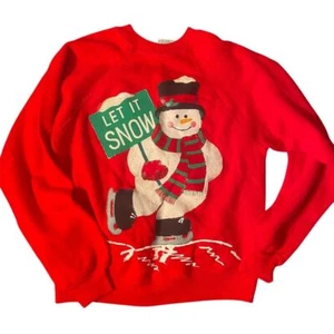 Vintage 90s "Let It Snow" Christmas Sweater L (14-16) Red Kids Hanes Her Way - Picture 1 of 5