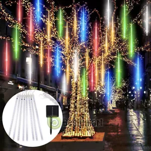 Luces solar de Meteoros Lluvia 144 LEDs 8 Tubos De Arbol Navidad Decoracion - Picture 1 of 15