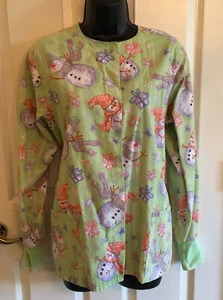 Ladies Christmas Scrubs Jacket Top Small Snowman Green Long Sleeve UA Used - Picture 1 of 11