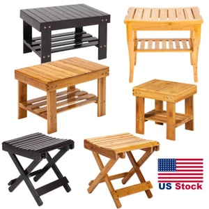 Bamboo Shower Stool Seat Folding Bathroom Sauna Spa Bench Chair Wooden Bath US - Picture 1 of 69