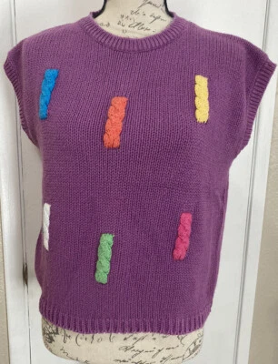 Suéter HUNT CLUB Sin Mangas Púrpura Colorido Trenza Acentos Algodón De Colección Años 90 L Foto 1 de 4