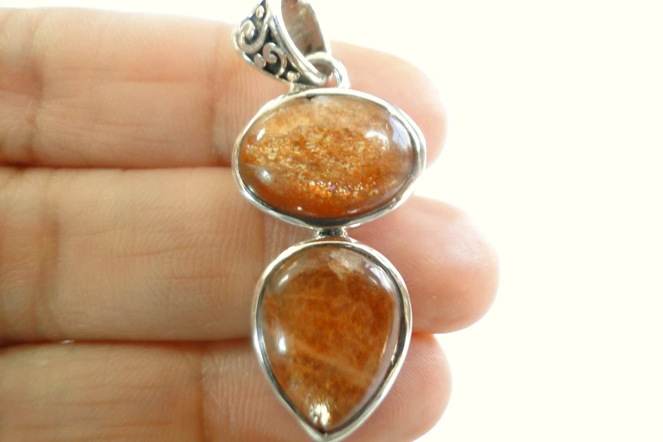 Natural Orange Sunstone Crystal Two Stone 925 Sterling Silver Pendant - Image 1 of 4