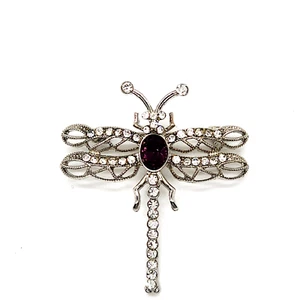Libelle Brosche Anstecknadel silberfarben mit lila & klaren Strasssteinen 2" hoch x 1,75" breit - Bild 1 von 5