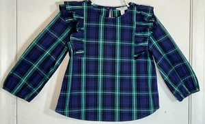 Crewcuts Little Girl Sz 4/5 Top Green/Navy Plaid Long Sleeve Fabric Ruffles EUC - Picture 1 of 10