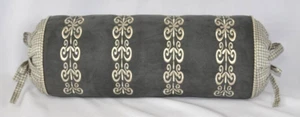 Embroidered Bolster Pillow on Gray Faux Suede & Ralph Lauren Saint Honore Fabric - Picture 1 of 5