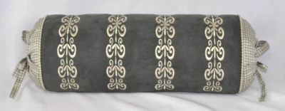 Embroidered Bolster Pillow on Gray Faux Suede & Ralph Lauren Saint Honore Fabric - Image 1 of 4