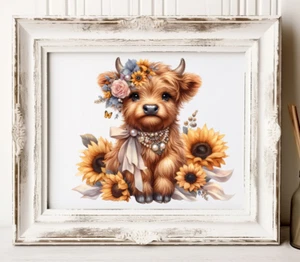 Cow Wall Art Print, Cute Cow With Flowers Wall Art Print, Farmhouse Decor #451 - Picture 1 of 2