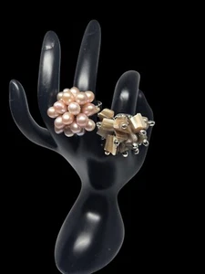 Lot Of 2 Chunky Cluster Rings Pink Pearl Brown Seashell Nugget Adjustable 7-8 - Picture 1 of 15