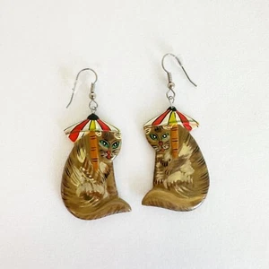 Vintage Hand Painted Wooden Cat Dangle Drop Earrings 2" Cat Lady - Picture 1 of 7