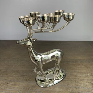 Silver Metal Deer Reindeer Candle Holder Candelabra 8 Tea Light Holder 13.5” - Picture 1 of 8