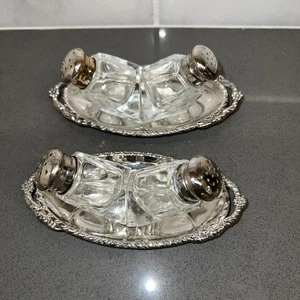 2 Sets Vintage Salt Pepper Shakers Petite with Tray Silverplate & Glass Japan - Picture 1 of 10