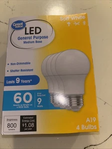 Great Value LED Light Bulb, 9W (60W Equivalent), Non-dimmable, Soft White, 4Pack - Picture 1 of 3