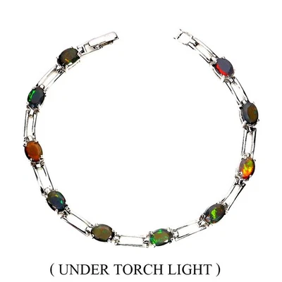 Браслет из стерлингового серебра 925 пробы с овальным черным опалом 7x5 мм ювелирные изделия с натуральными драгоценными камнями 8 дюймов - Изображение 1 из 4