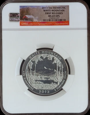 2013 WHITE MOUNTAIN PARK  5 OZ SILVER QUARTER NGC MS69 DPL MAC FINEST &SPOTLESS. - Image 1 of 2