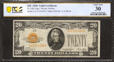 1928 $20 GOLD CERTIFICATE FR.2402 WOODS MELLON A-A BLOCK PCGS 30 VERY FINE (595A - Image 1 of 2