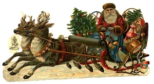 Santa, sleigh, reindeer R. Tuck paper die cut scrap, from Gigantic relief 241, - Picture 1 of 2