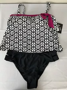 NWT $99 Inches Off Women’s BLACK & White Print SOFT CUP FLARED TANKINI Sze 16W - Picture 1 of 5