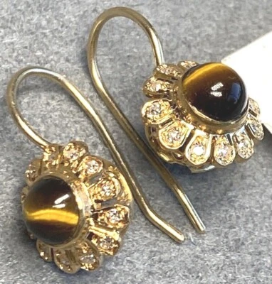 虎眼凸圆形钻石 10K 黄金雏菊花吊坠复古耳环 — 第 1/4 张图片