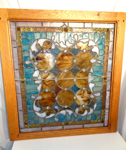 FABULOUS ANTIQUE LEADED STAINED GLASS WINDOW W/ JEWELS, & OPAL ROUNDELS 1ST OF 2 Cover