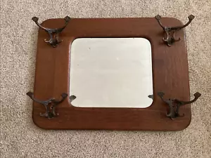 Oak Framed Beveled Mirror. 4 Ornate Copper Double Hooks 28 x 21 inches - Picture 1 of 10