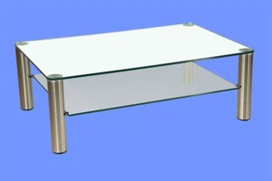 DAC3034 Couchtisch Weißglas 110x70x42cm Satinoglasablage Chromgestell + Rollen - Bild 1 von 3