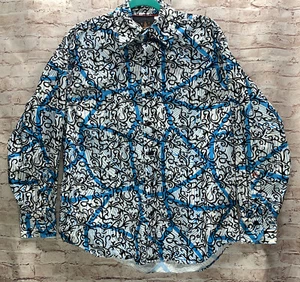 Attitude Men's Button Down Long Sleeve Shirt Teal Retro 3D Design Size Large - Picture 1 of 14