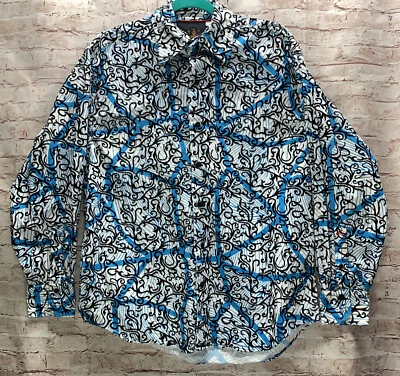 Attitude Men's Button Down Long Sleeve Shirt Teal Retro 3D Design Size Large - Image 1 of 4