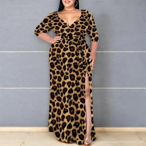 Plus Size Wrap Maxi Dress, V-Neck, 3/4 Sleeves, Printed with Belt - Picture 1 of 7