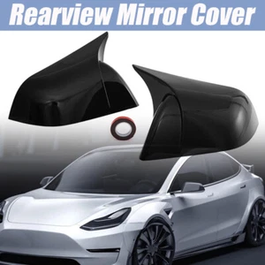 For Tesla Model 3 2017-22 Gloss Black Exterior Horn Rear View Mirror Cover Trim - Picture 1 of 8