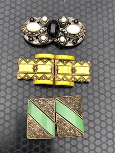 Vintage Czech Art Deco belt buckles cadmium glass gilt metal 1930's Neiger style - Picture 1 of 16