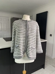 Per Una Size XL Grey Stripe Knit Chunky Cardigan Jumper Marks and Spencer - Picture 1 of 14