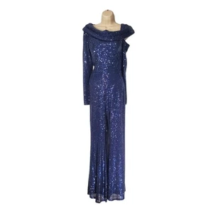 Ieena for Mac Duggal 26596 Asymmetrical Neckline Sequin Jumpsuit Midnight Size 6 - Picture 1 of 11